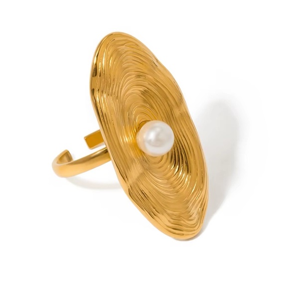 18K Gold Plated Adjustable Textured Oval Ring - Picture 1 of 7